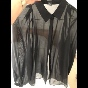BLACK Sheer 100% Silk Blouse.  Size Large. FREE Sequins Camisole, Size L